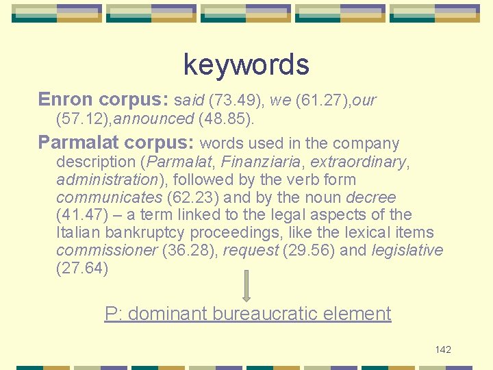 keywords Enron corpus: said (73. 49), we (61. 27), our (57. 12), announced (48.