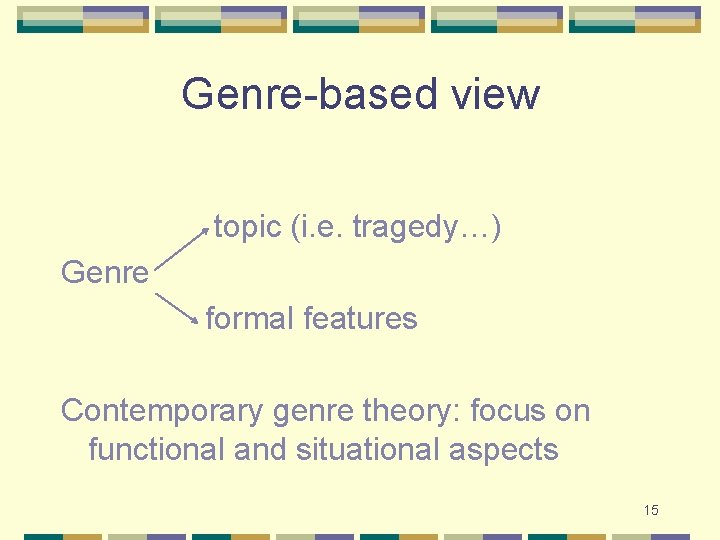 Genre-based view topic (i. e. tragedy…) Genre formal features Contemporary genre theory: focus on