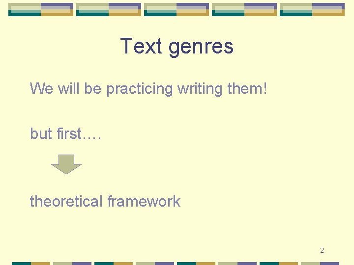 Text genres We will be practicing writing them! but first…. theoretical framework 2 