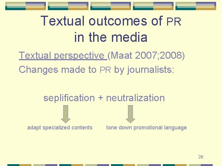 Textual outcomes of PR in the media Textual perspective (Maat 2007; 2008) Changes made