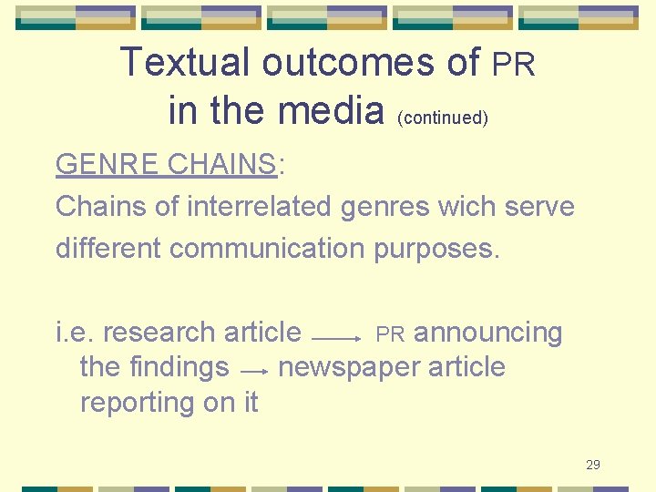 Textual outcomes of PR in the media (continued) GENRE CHAINS: Chains of interrelated genres