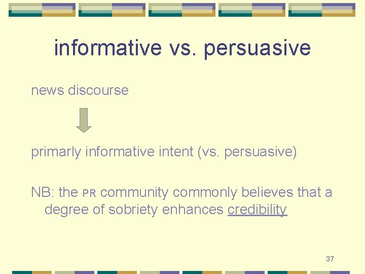 informative vs. persuasive news discourse primarly informative intent (vs. persuasive) NB: the PR community