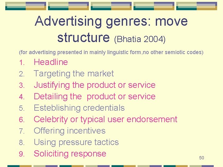 Advertising genres: move structure (Bhatia 2004) (for advertising presented in mainly linguistic form, no