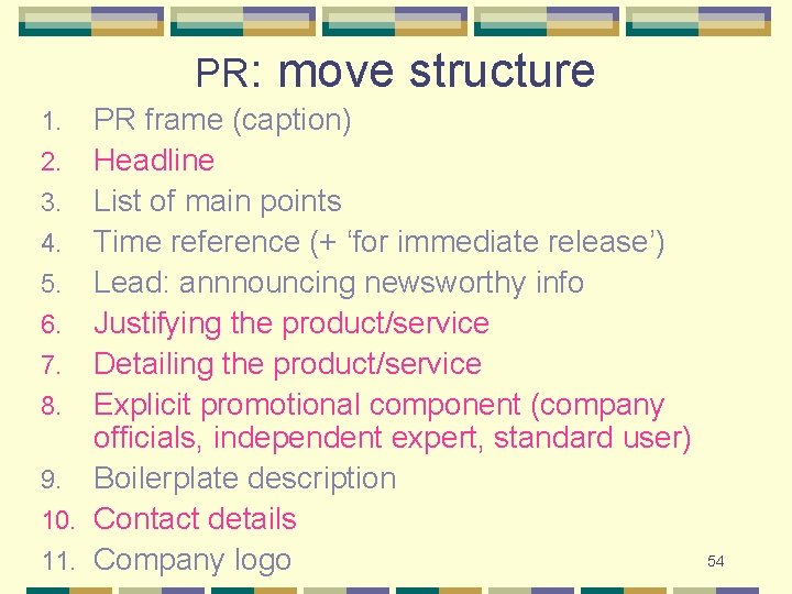 PR: move structure PR frame (caption) 2. Headline 3. List of main points 4.