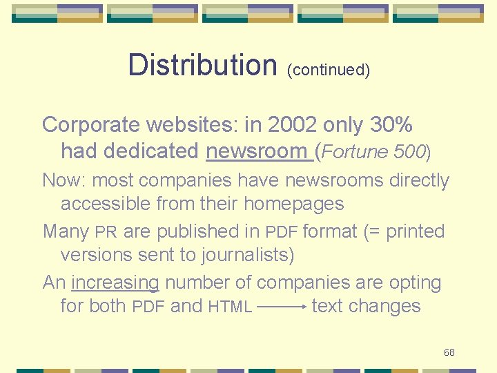 Distribution (continued) Corporate websites: in 2002 only 30% had dedicated newsroom (Fortune 500) Now: