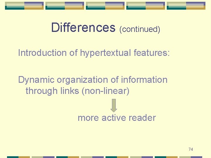 Differences (continued) Introduction of hypertextual features: Dynamic organization of information through links (non-linear) more