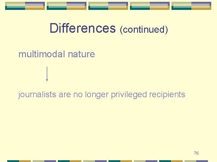 Differences (continued) multimodal nature journalists are no longer privileged recipients 76 