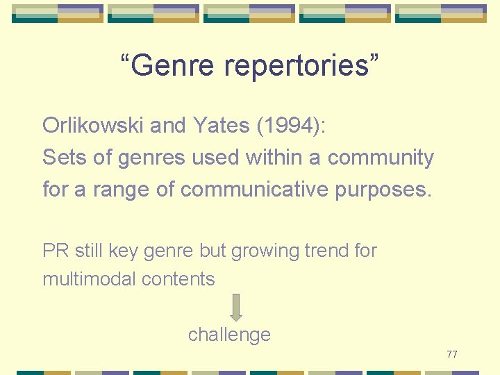 “Genre repertories” Orlikowski and Yates (1994): Sets of genres used within a community for