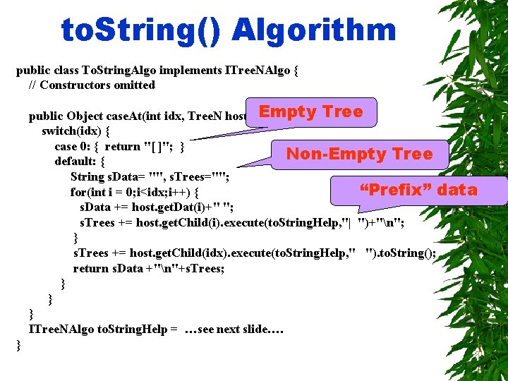 to. String() Algorithm public class To. String. Algo implements ITree. NAlgo { // Constructors