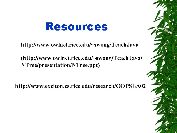 Resources http: //www. owlnet. rice. edu/~swong/Teach. Java (http: //www. owlnet. rice. edu/~swong/Teach. Java/ NTree/presentation/NTree.