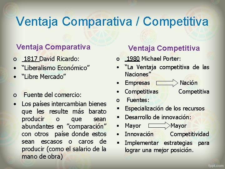 Ventaja Comparativa / Competitiva Ventaja Comparativa Ventaja Competitiva o 1817 David Ricardo: • “Liberalismo