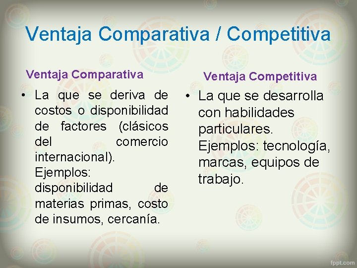 Ventaja Comparativa / Competitiva Ventaja Comparativa • La que se deriva de costos o