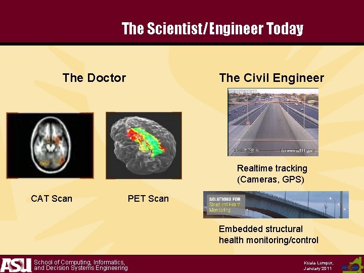 The Scientist/Engineer Today The Doctor The Civil Engineer Realtime tracking (Cameras, GPS) CAT Scan