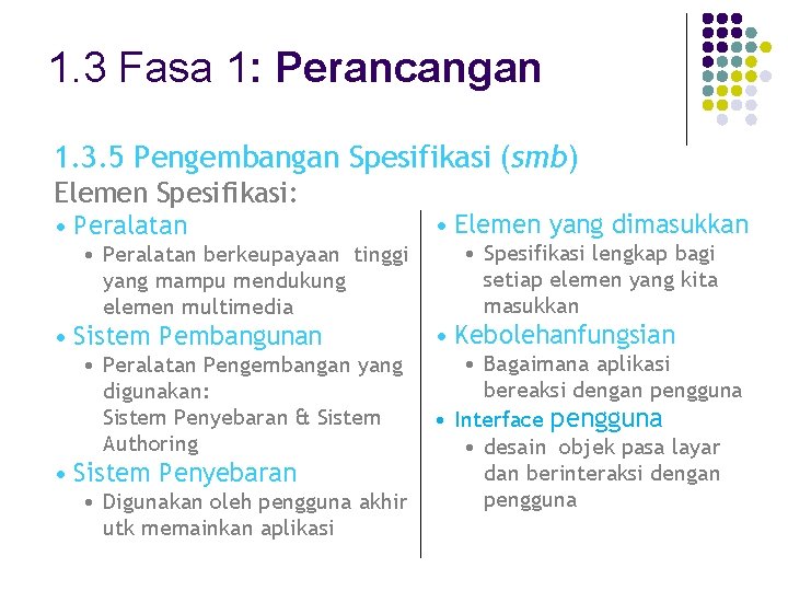 1. 3 Fasa 1: Perancangan 1. 3. 5 Pengembangan Spesifikasi (smb) Elemen Spesifikasi: •