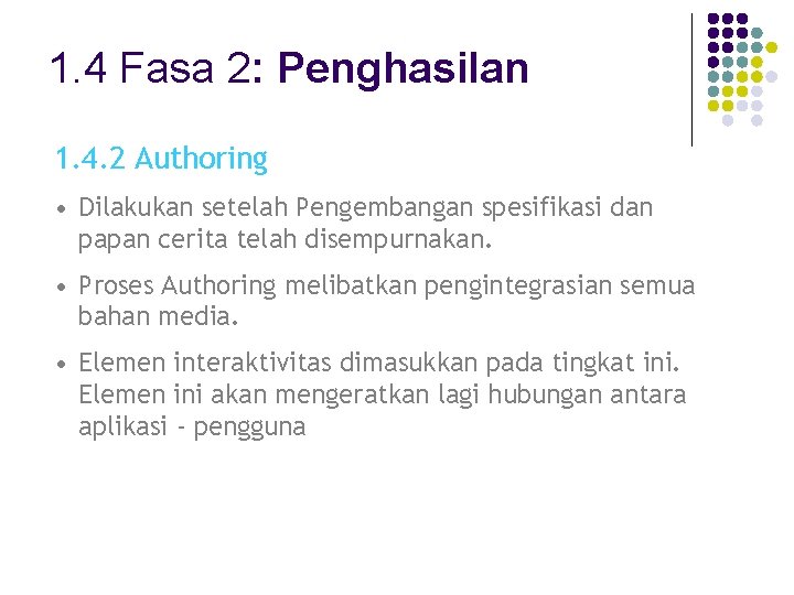 1. 4 Fasa 2: Penghasilan 1. 4. 2 Authoring • Dilakukan setelah Pengembangan spesifikasi