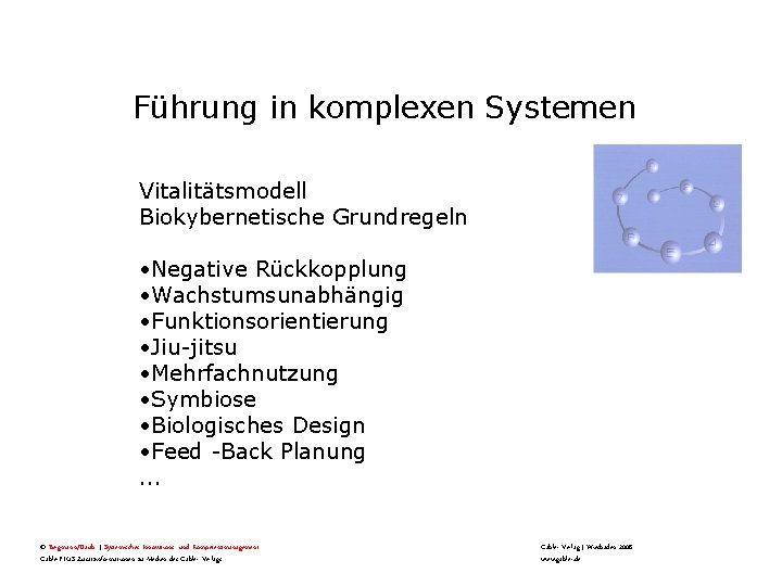 Führung in komplexen Systemen Vitalitätsmodell Biokybernetische Grundregeln • Negative Rückkopplung • Wachstumsunabhängig • Funktionsorientierung