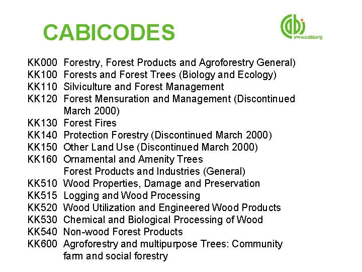 CABICODES KK 000 KK 110 KK 120 KK 130 KK 140 KK 150 KK