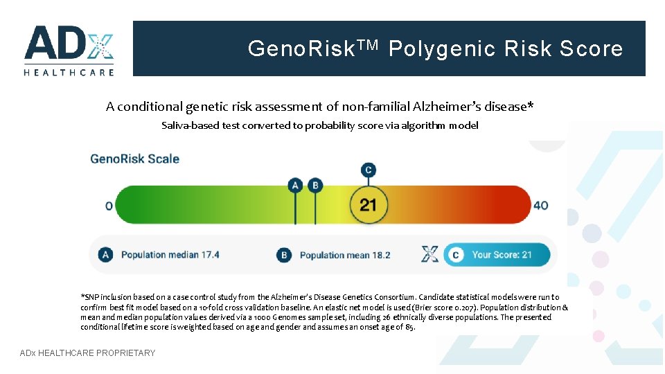 Geno. Risk TM Polygenic Risk Score A conditional genetic risk assessment of non-familial Alzheimer’s