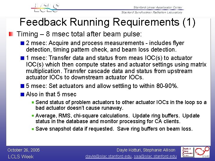 Feedback Running Requirements (1) Timing – 8 msec total after beam pulse: 2 msec: