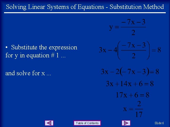 Solving Linear Systems of Equations - Substitution Method • Substitute the expression for y Solving Linear Systems of Equations - Substitution Method • Substitute the expression for y