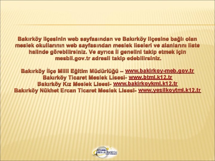 Bakırköy ilçesinin web sayfasından ve Bakırköy ilçesine bağlı olan meslek okullarının web sayfasından meslek