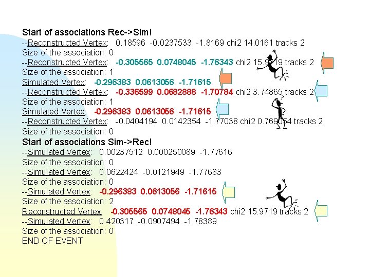 Start of associations Rec->Sim! --Reconstructed Vertex: 0. 18596 -0. 0237533 -1. 8169 chi 2