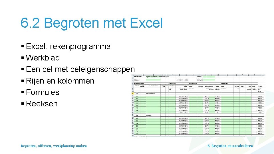 6. 2 Begroten met Excel § Excel: rekenprogramma § Werkblad § Een cel met