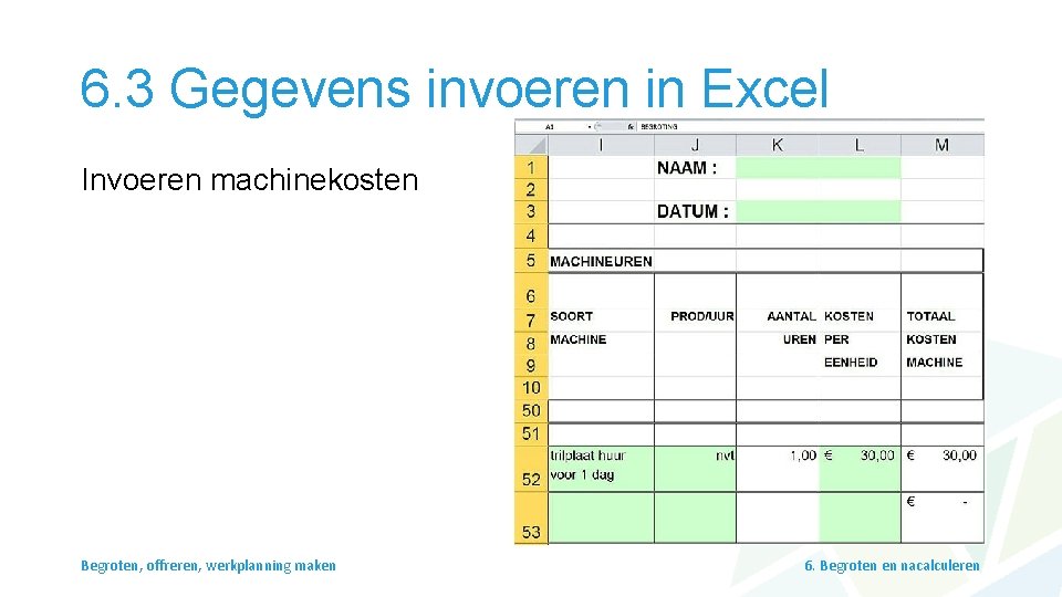 6. 3 Gegevens invoeren in Excel Invoeren machinekosten Begroten, offreren, werkplanning maken 6. Begroten