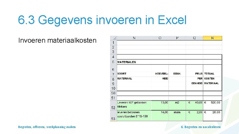 6. 3 Gegevens invoeren in Excel Invoeren materiaalkosten Begroten, offreren, werkplanning maken 6. Begroten