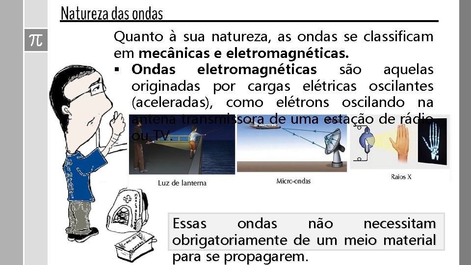 Quanto à sua natureza, as ondas se classificam em mecânicas e eletromagnéticas. § Ondas