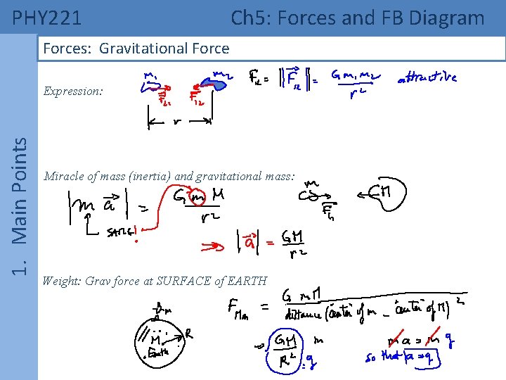 PHY 221 Ch 5: Forces and FB Diagram Forces: Gravitational Force 1. Main Points PHY 221 Ch 5: Forces and FB Diagram Forces: Gravitational Force 1. Main Points