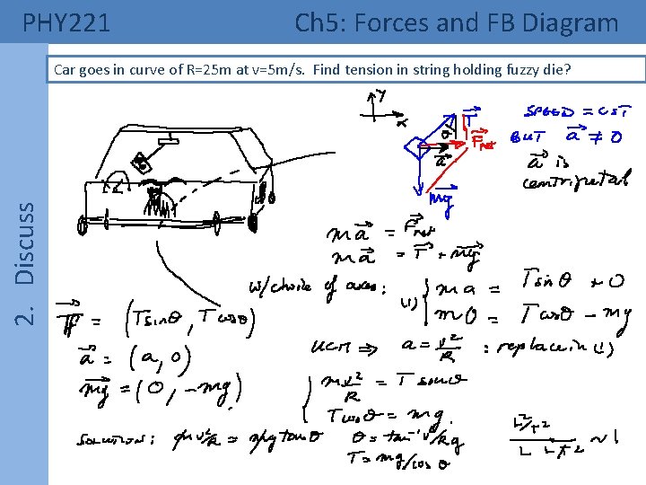 PHY 221 Ch 5: Forces and FB Diagram 2. Discuss Car goes in curve PHY 221 Ch 5: Forces and FB Diagram 2. Discuss Car goes in curve