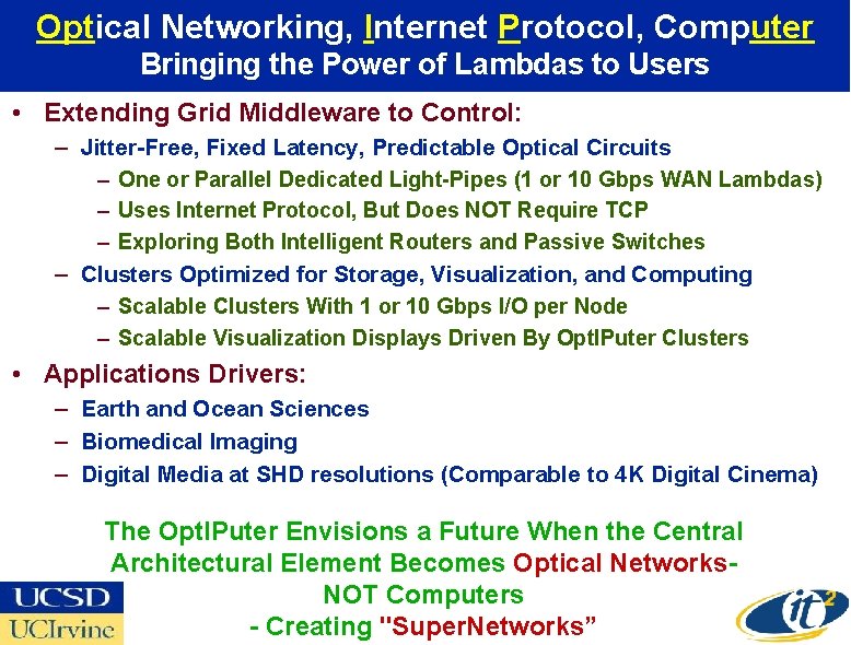 Optical Networking, Internet Protocol, Computer Bringing the Power of Lambdas to Users • Extending