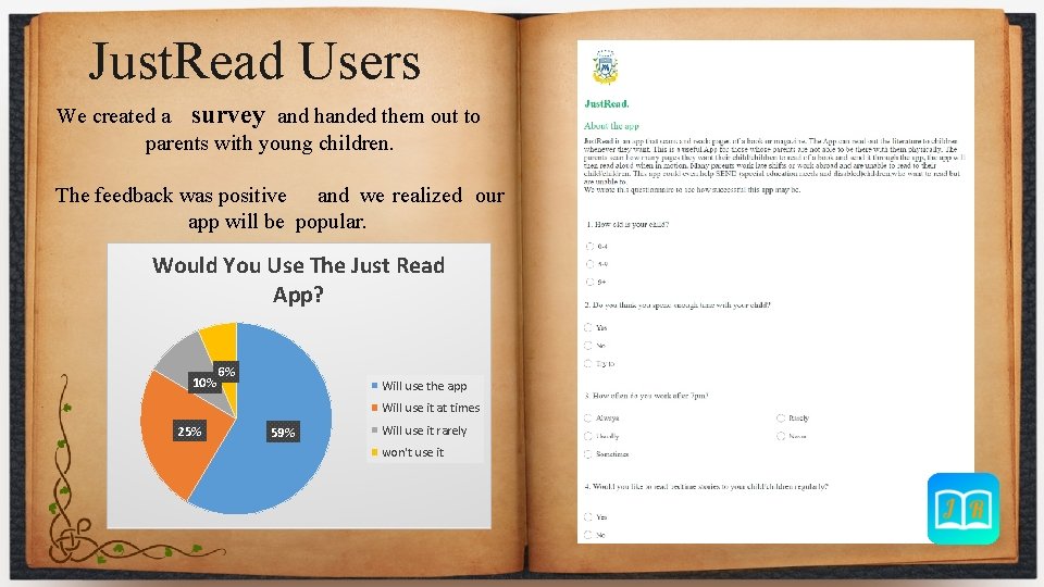 Just. Read Users We created a survey and handed them out to parents with