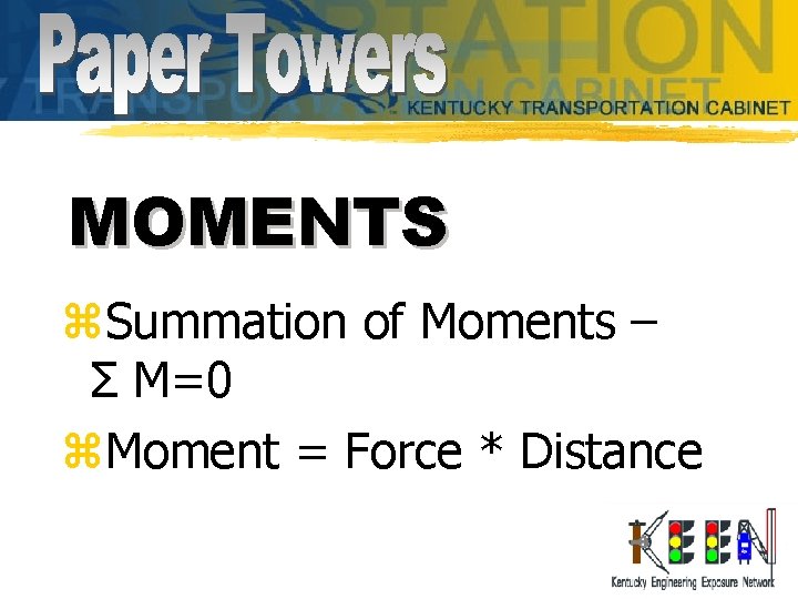 MOMENTS z. Summation of Moments – Σ M=0 z. Moment = Force * Distance