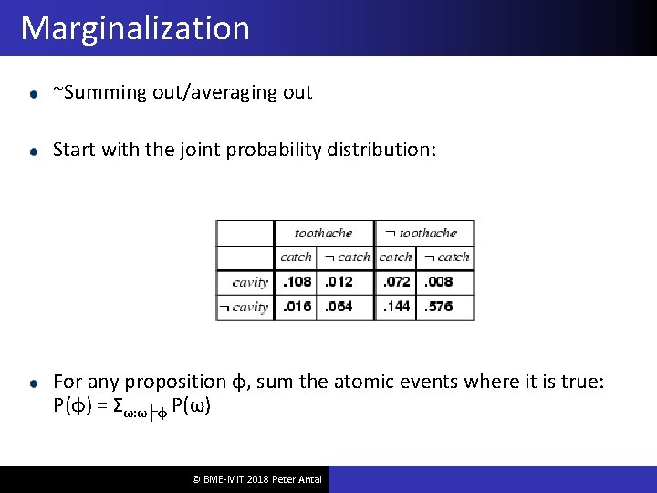 Marginalization ~Summing out/averaging out Start with the joint probability distribution: For any proposition φ,