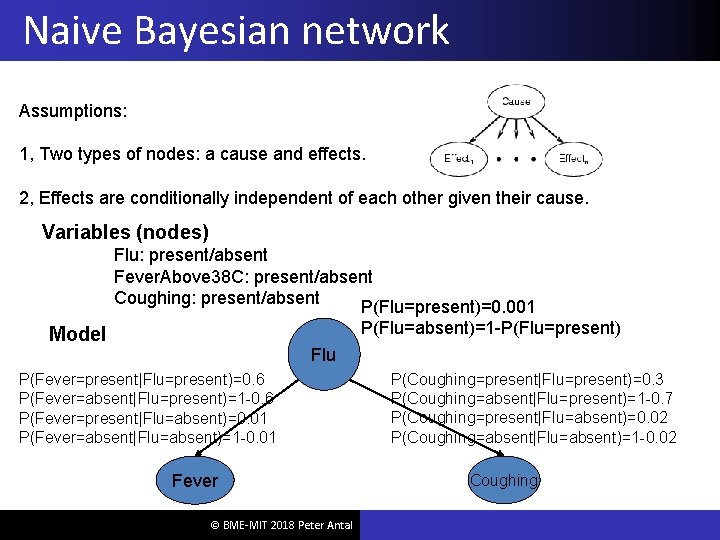 Naive Bayesian network Assumptions: 1, Two types of nodes: a cause and effects. 2,