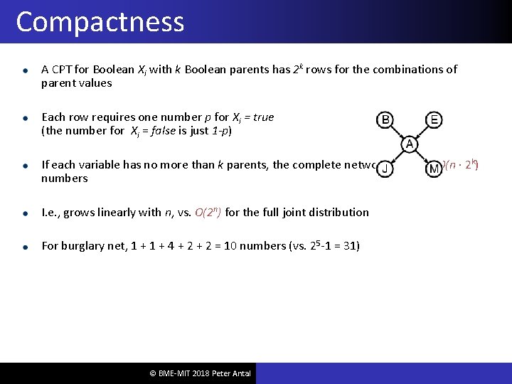 Compactness A CPT for Boolean Xi with k Boolean parents has 2 k rows