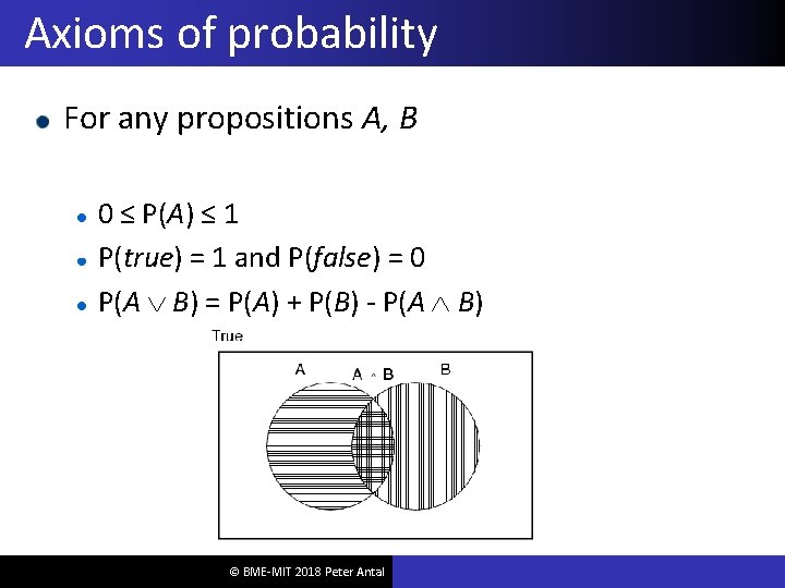 Axioms of probability For any propositions A, B 0 ≤ P(A) ≤ 1 P(true)