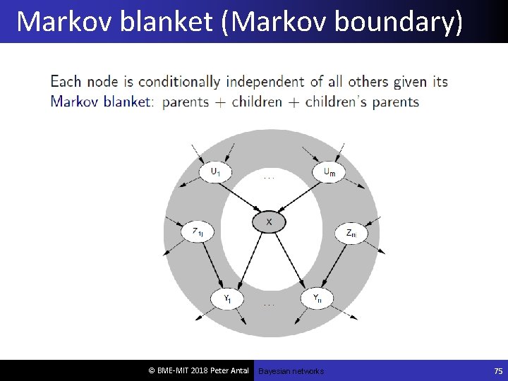 Markov blanket (Markov boundary) © BME-MIT 2018 Peter Antal Bayesian networks 75 