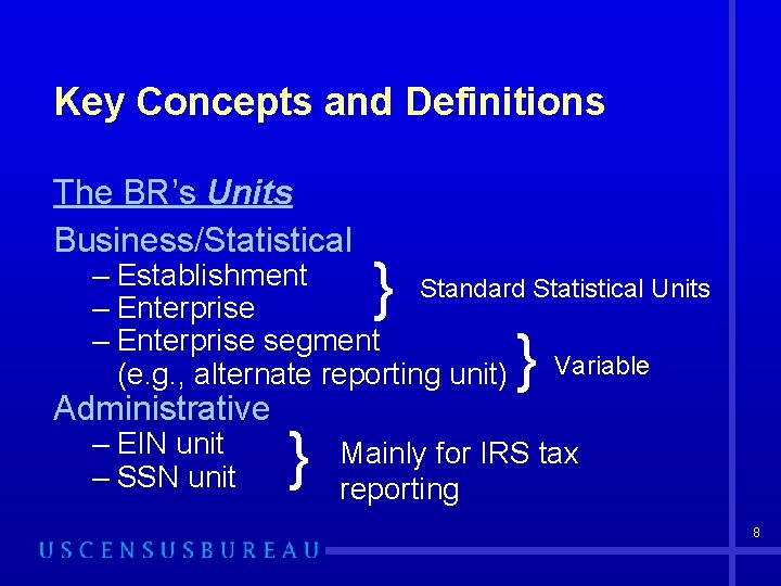 Key Concepts and Definitions The BR’s Units Business/Statistical } – Establishment Standard Statistical Units