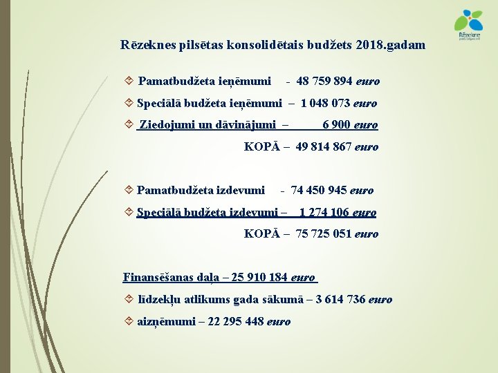 Rēzeknes pilsētas konsolidētais budžets 2018. gadam Pamatbudžeta ieņēmumi - 48 759 894 euro Speciālā