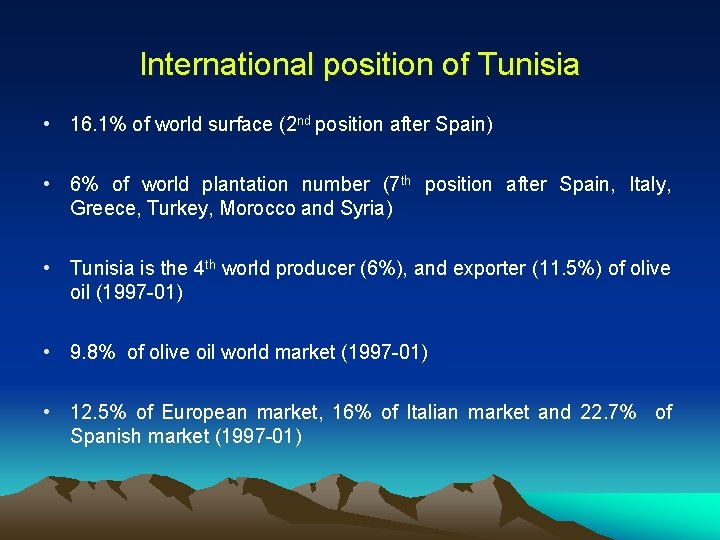 International position of Tunisia • 16. 1% of world surface (2 nd position after