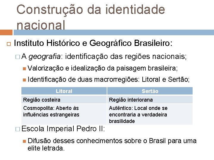 Construção da identidade nacional Instituto Histórico e Geográfico Brasileiro: �A geografia: identificação das regiões