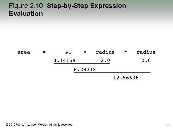 Figure 2. 10 Step-by-Step Expression Evaluation 1 -11 © 2012 Pearson Addison-Wesley. All rights Figure 2. 10 Step-by-Step Expression Evaluation 1 -11 © 2012 Pearson Addison-Wesley. All rights