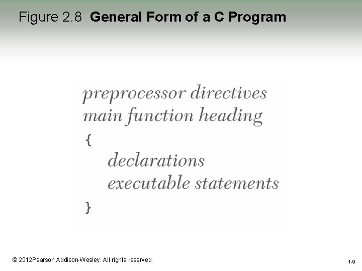 Figure 2. 8 General Form of a C Program 1 -9 © 2012 Pearson Figure 2. 8 General Form of a C Program 1 -9 © 2012 Pearson