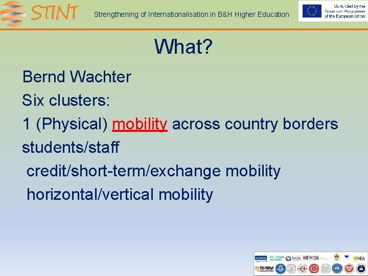 Strengthening of Internationalisation in B&H Higher Education What? Bernd Wachter Six clusters: 1 (Physical)