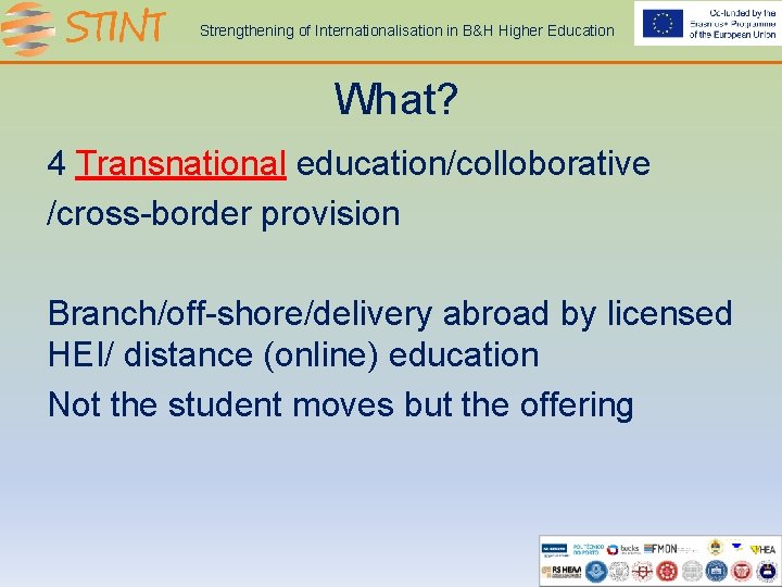 Strengthening of Internationalisation in B&H Higher Education What? 4 Transnational education/colloborative /cross-border provision Branch/off-shore/delivery