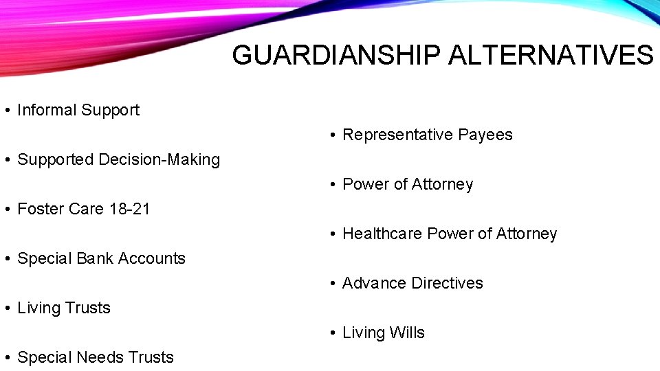 GUARDIANSHIP ALTERNATIVES • Informal Support • Representative Payees • Supported Decision-Making • Power of