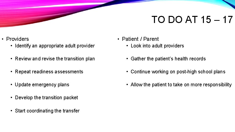 TO DO AT 15 – 17 • Providers • Patient / Parent • Identify
